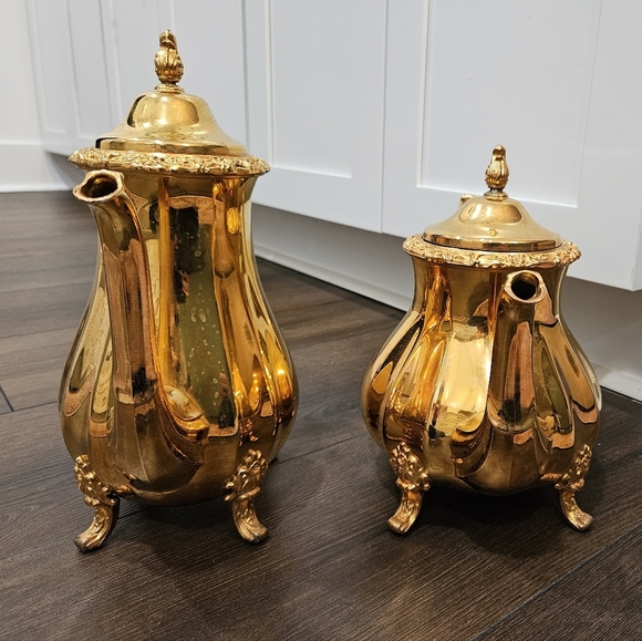 VINTAGE PAIR 24 karat Gold Electroplated Footed Tea & Coffee Pot - Picture 7 of 13